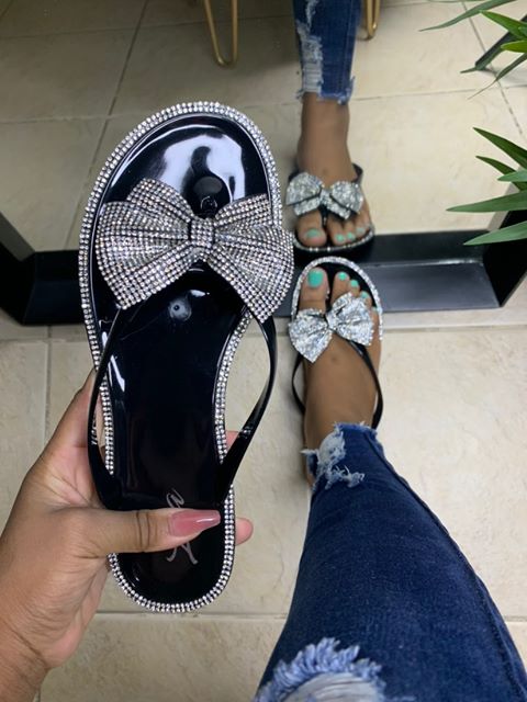 Women's Sandals Large Size White Color Diamond Bow Tie Clip Toe