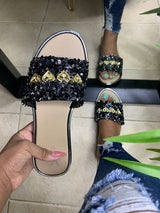 Ladies Rhinestone Heart Sandals - Black